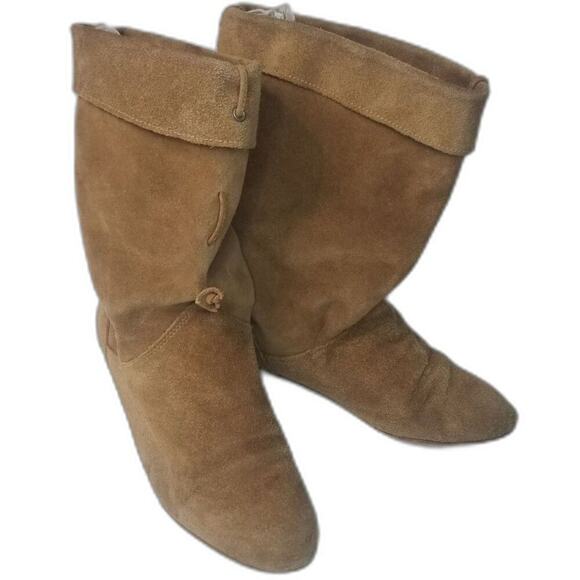 1980s Vintage Brown Suede Folded Slide On Slouch Wide Leg Almond Toe Boots 7M - Picture 2 of 9